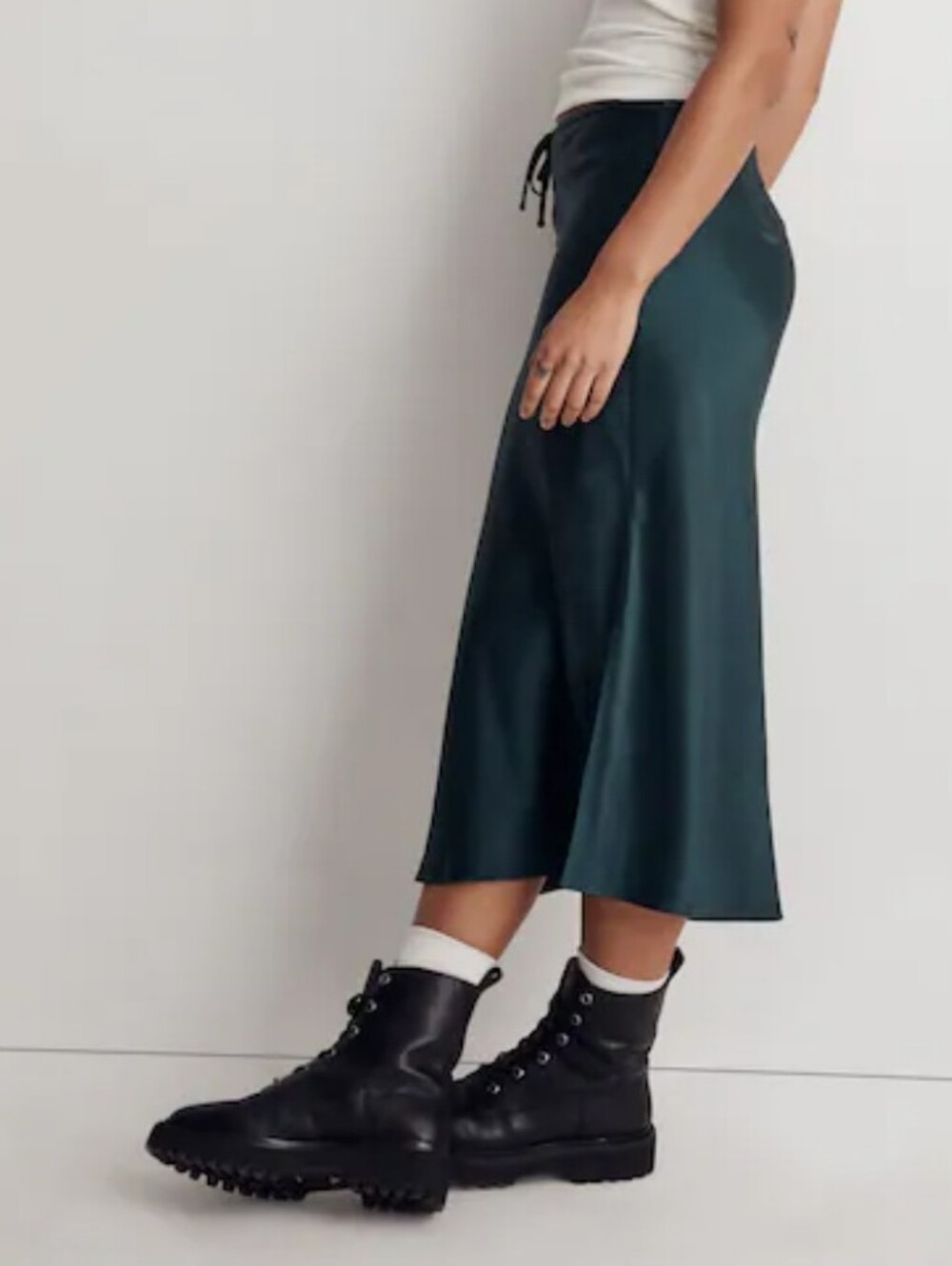 Madewell Drawstring Midi Slip Skirt Green Satin Side Slit 0